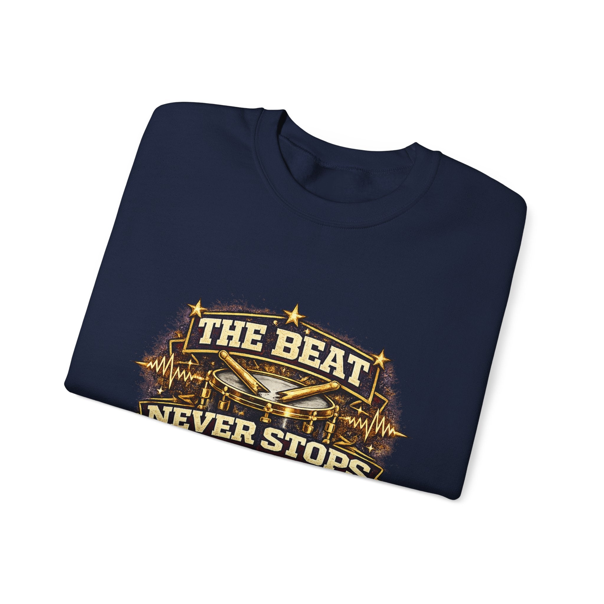 Crewneck Sweatshirt — The Beat Never Stops Retro Music Badge