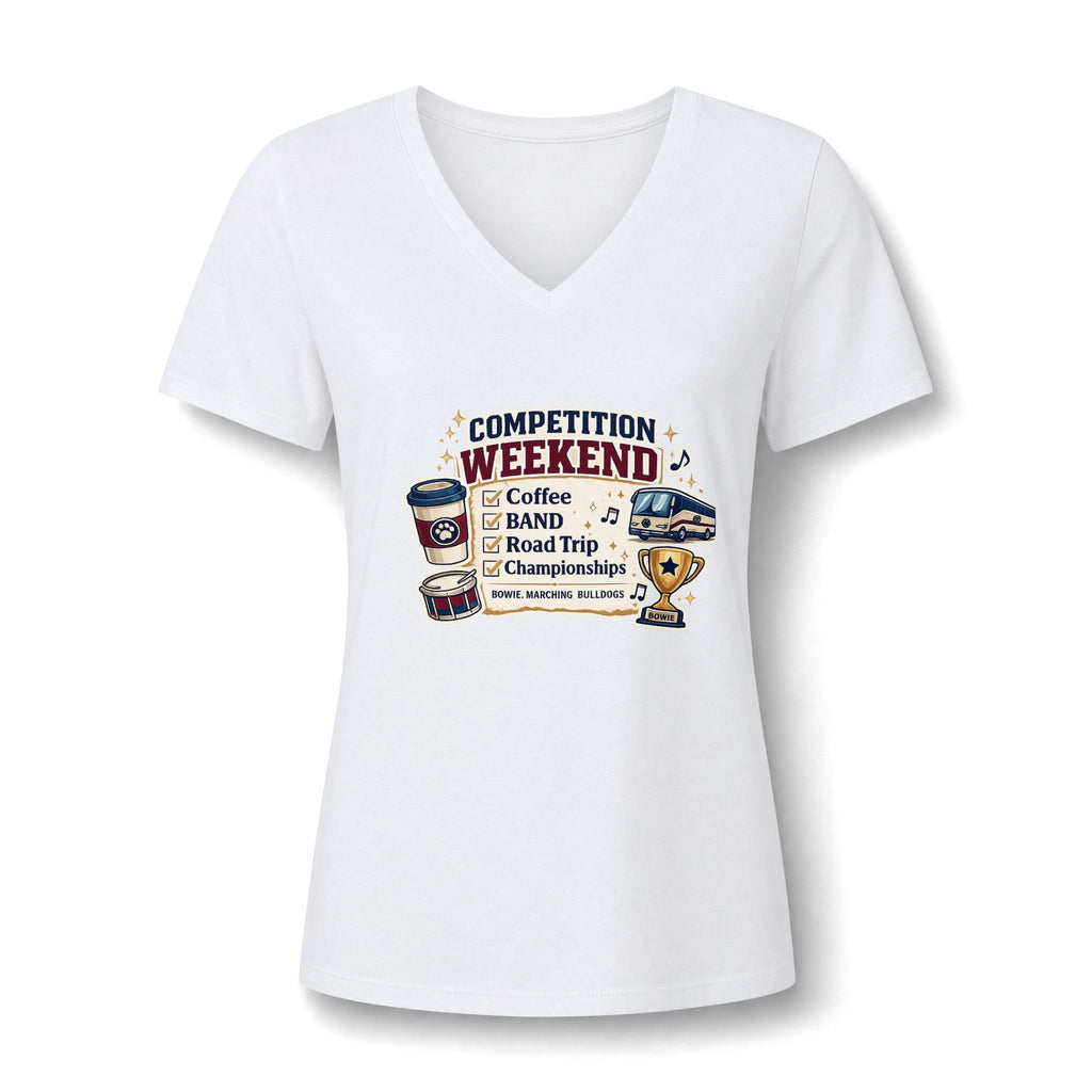 Competition Weekend V-Neck Tee — Coffee, Band, Road Trip Design for Marching/Band Moms