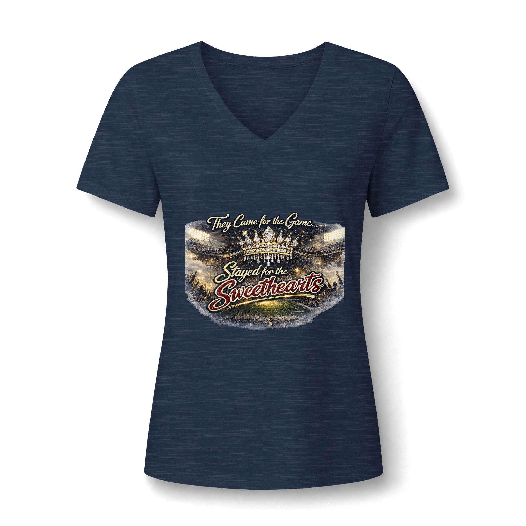Women's V-Neck Tee — "They Came for the Game, Stayed for the Sweethearts" Football Fan Shirt