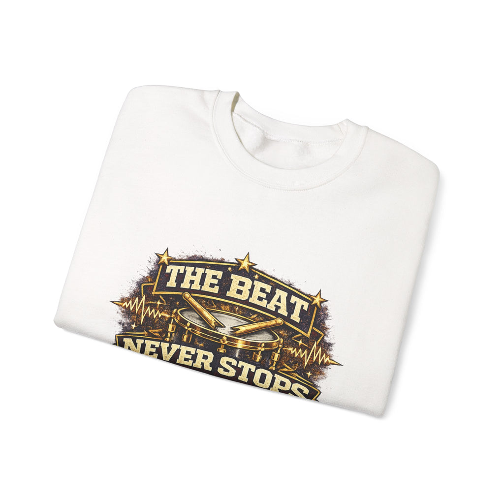 Crewneck Sweatshirt — The Beat Never Stops Retro Music Badge