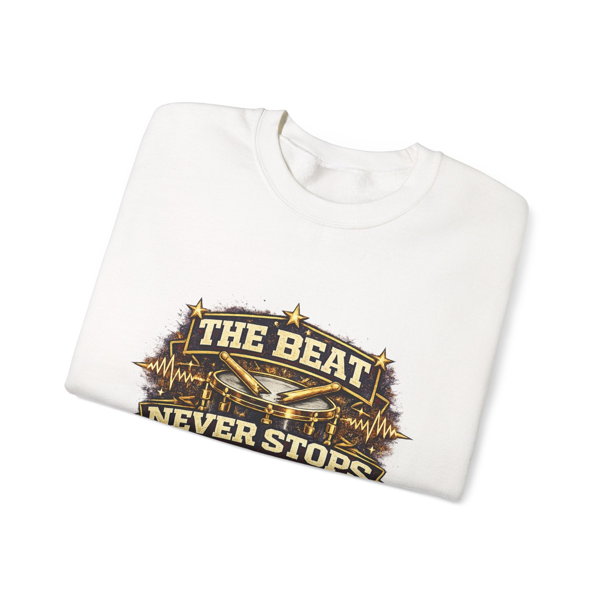 Crewneck Sweatshirt — The Beat Never Stops Retro Music Badge
