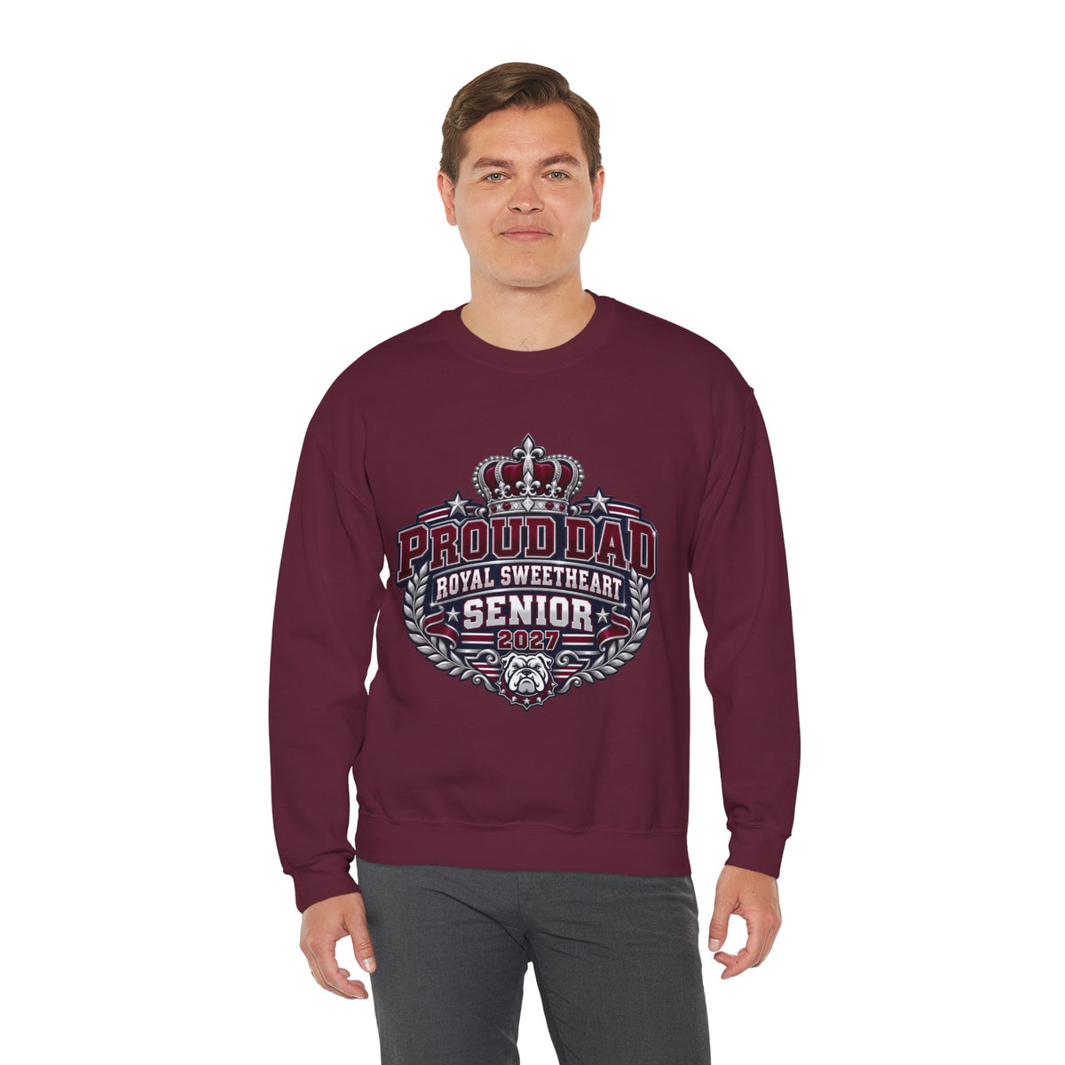 Proud Dad Senior 2027 Crewneck Sweatshirt — Royal Sweetheart Graduation Gift