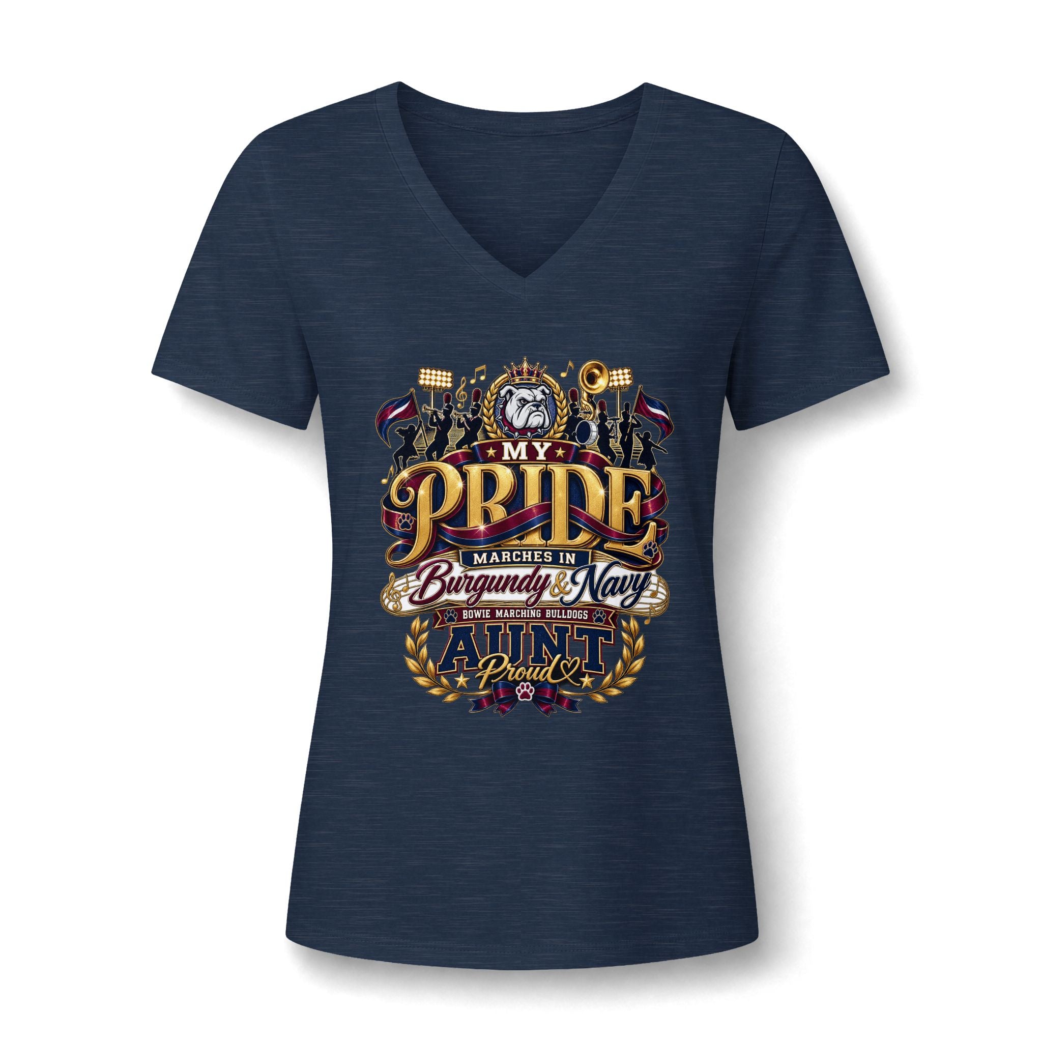 V-Neck Tee — “My Pride Marches in Burgundy & Navy” Aunt Military Family Shirt
