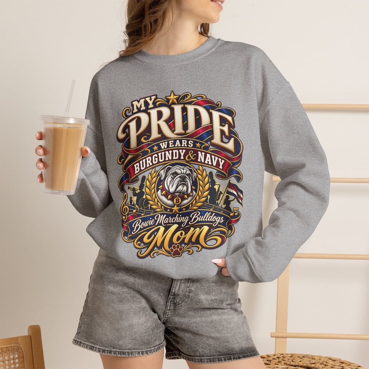 Bulldog Mom Pride Crewneck Sweatshirt – "My Pride Wears Burgundy & Navy"