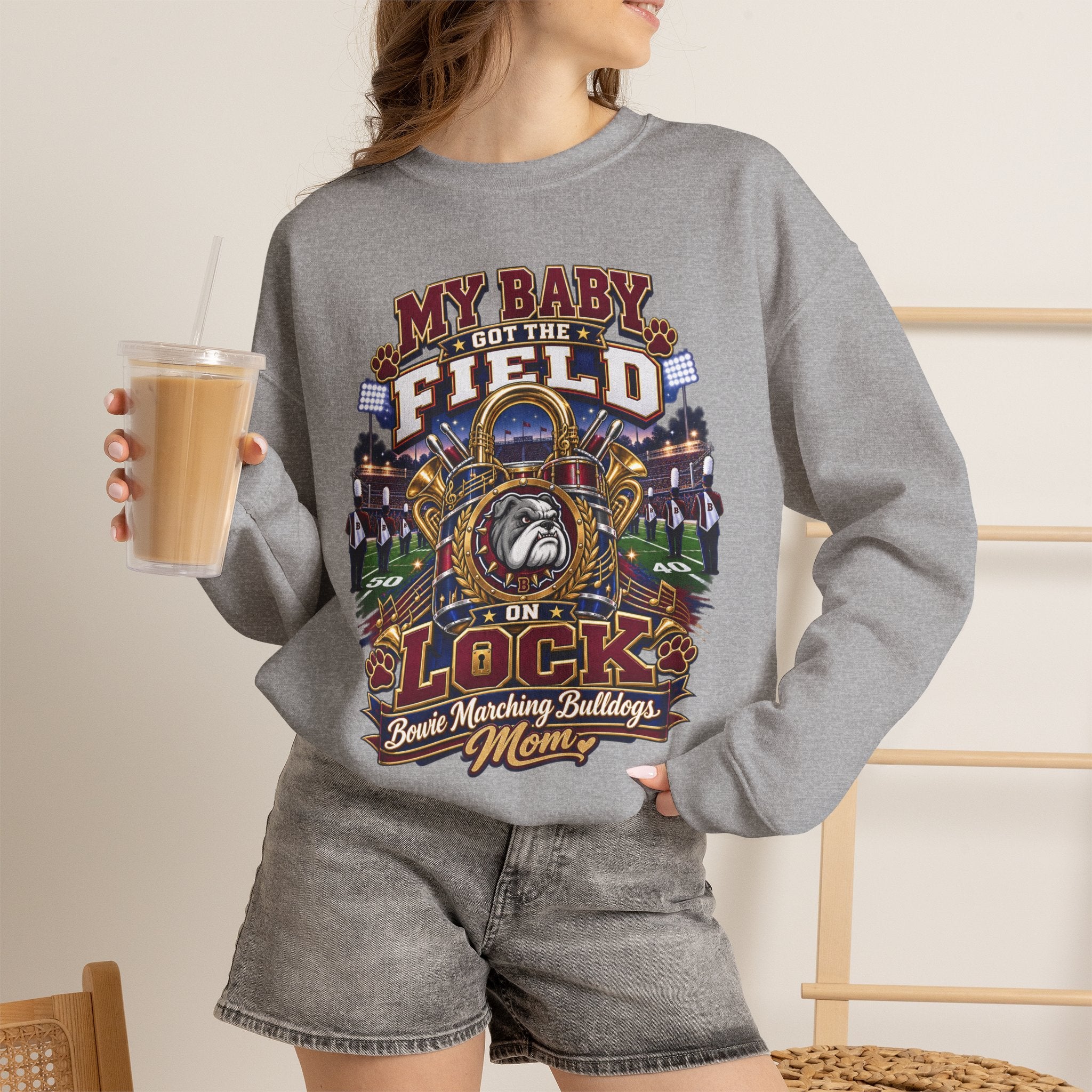 Field Hockey Mom Crewneck Sweatshirt — "My Baby Got the Field on Lock" Graphic