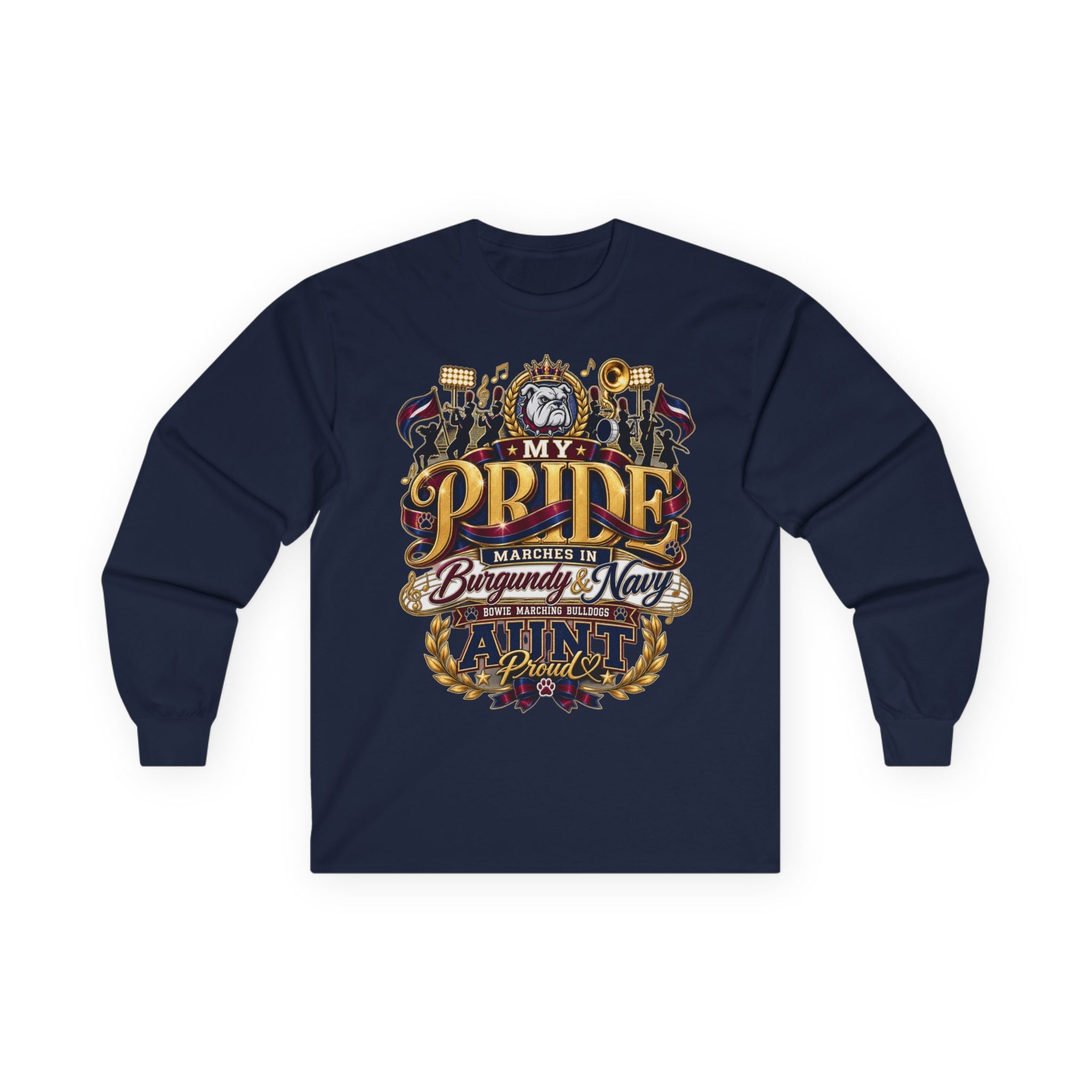 Proud Aunt Long Sleeve Tee — My Pride Marches In Burgundy & Navy Graphic