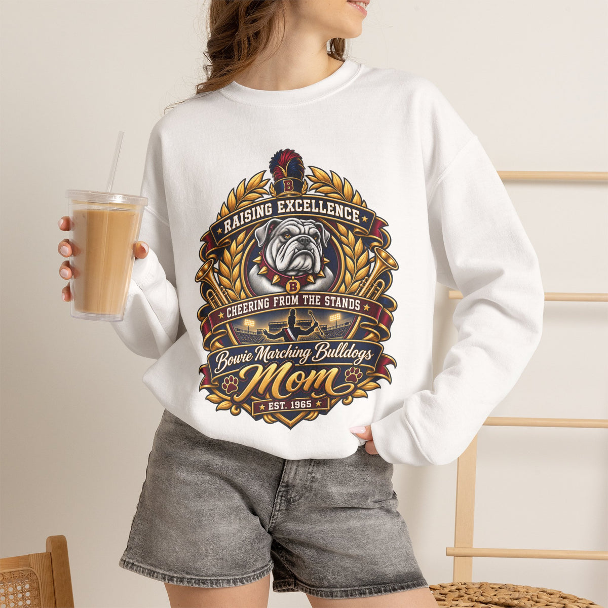 Bulldog Mom Crewneck Sweatshirt — "Raising Excellence" Vintage Crest