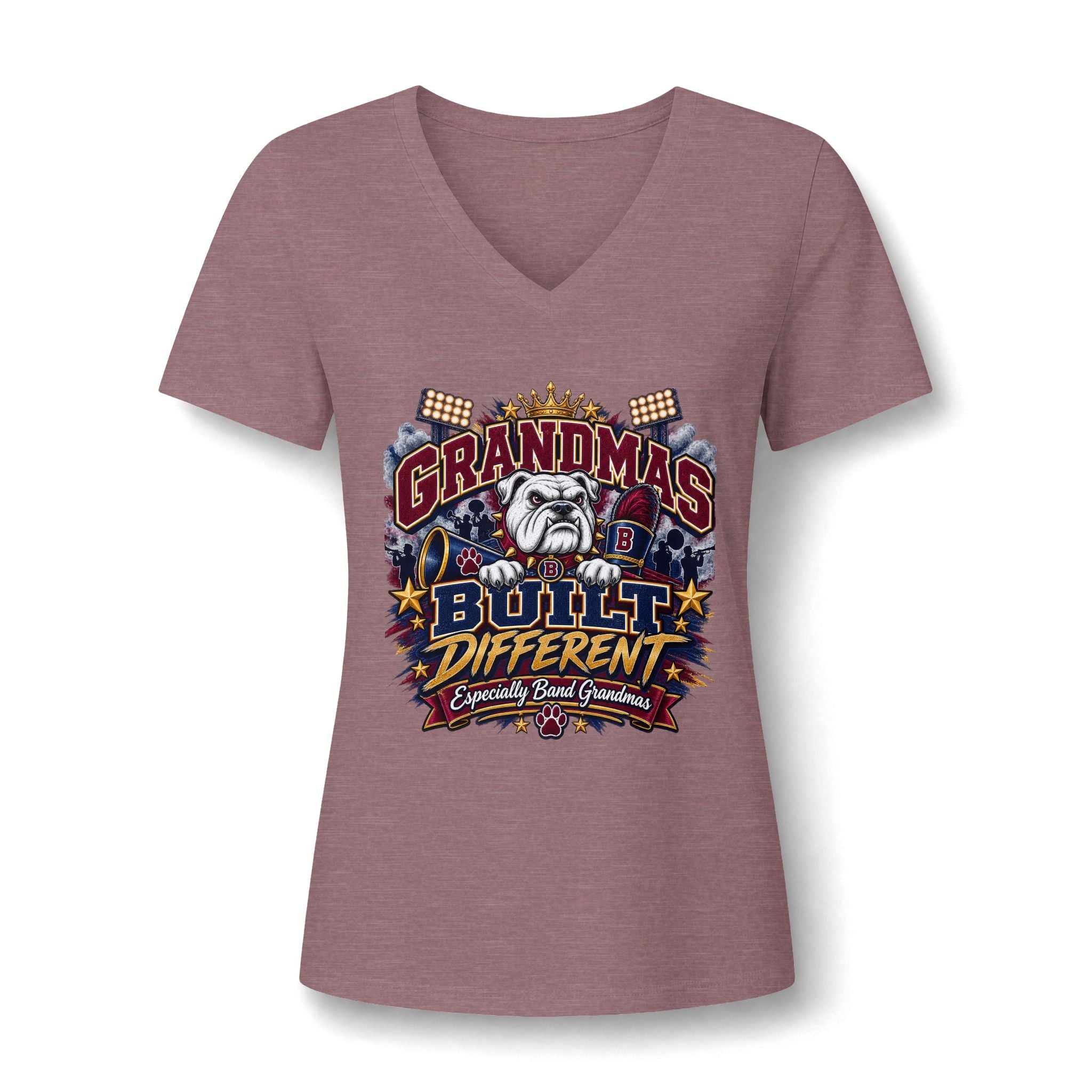Grandmas Built Different V-Neck Tee — Funny Bulldog Graphic for Proud Grandmothers