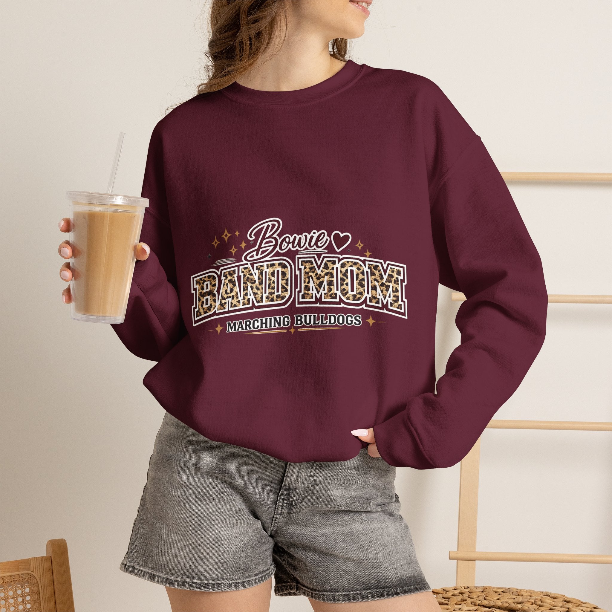 Band Mom Crewneck Sweatshirt — Bowie Marching Bulldogs Leopard Print