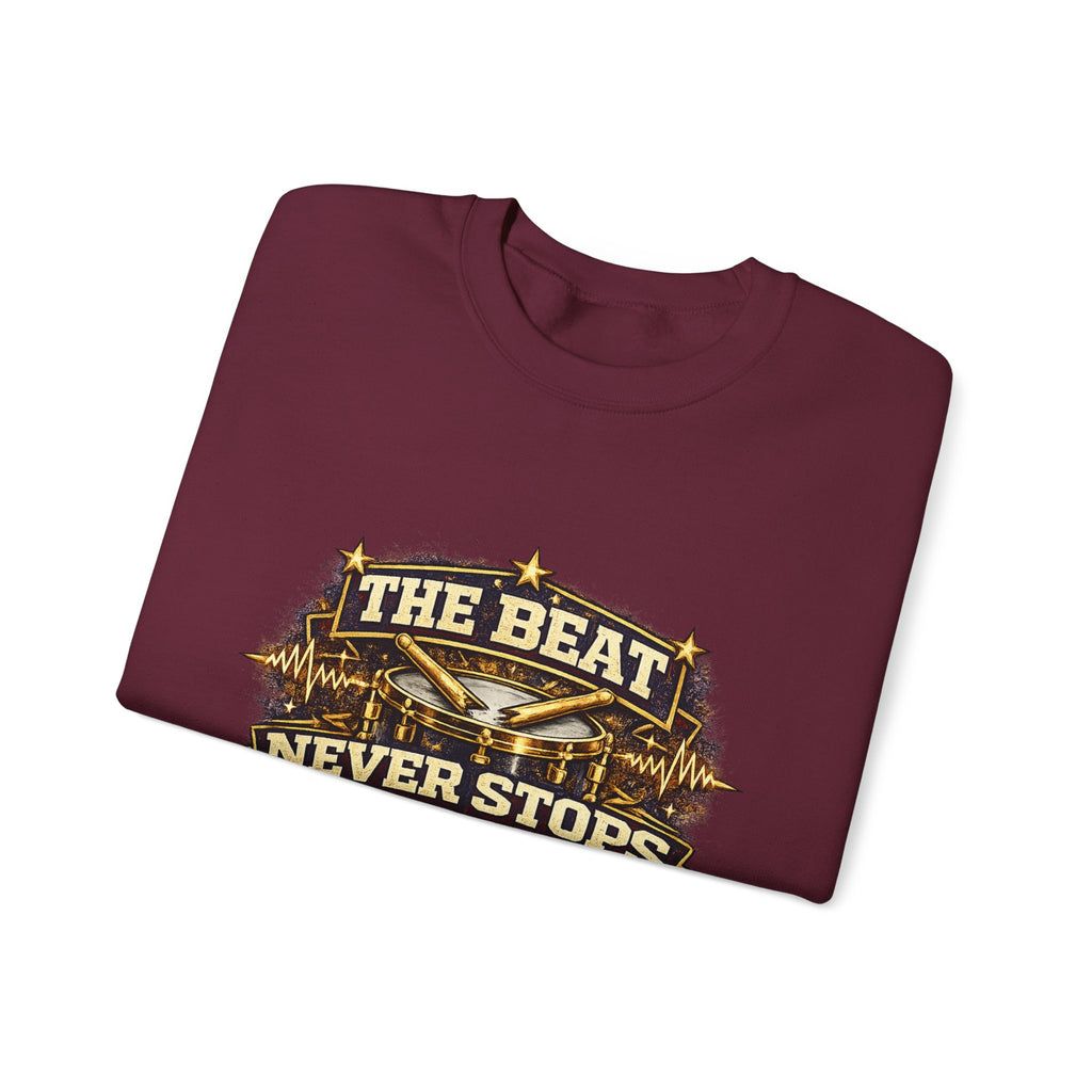 Crewneck Sweatshirt — The Beat Never Stops Retro Music Badge