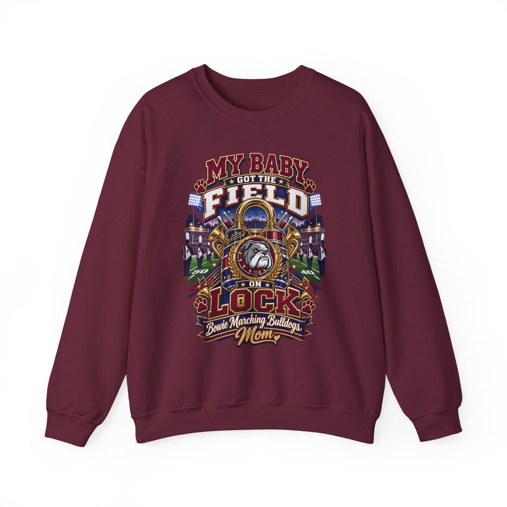 Field Hockey Mom Crewneck Sweatshirt — "My Baby Got the Field on Lock" Graphic