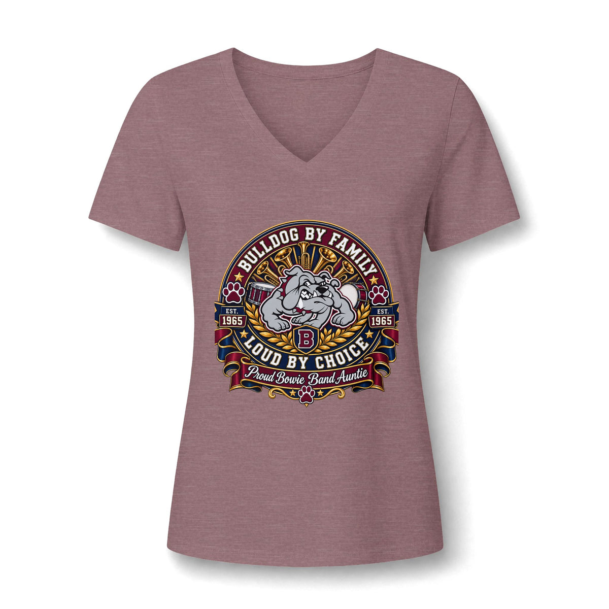 Bulldog Family V-Neck Tee — "Bulldog by Family, Loud by Choice" Graphic Women's T-Shirt