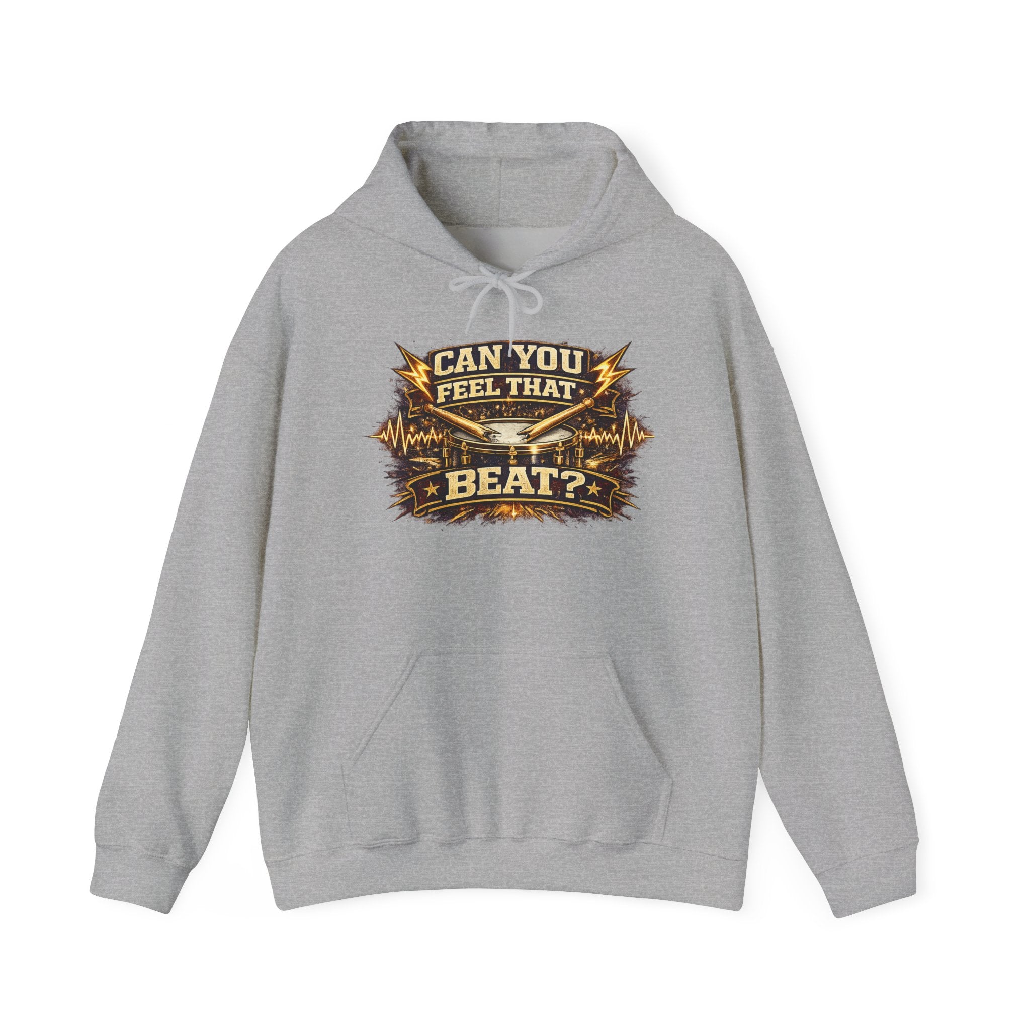 Can You Feel That Beat? Hoodie – Retro Drum & Music Graphic Pullover