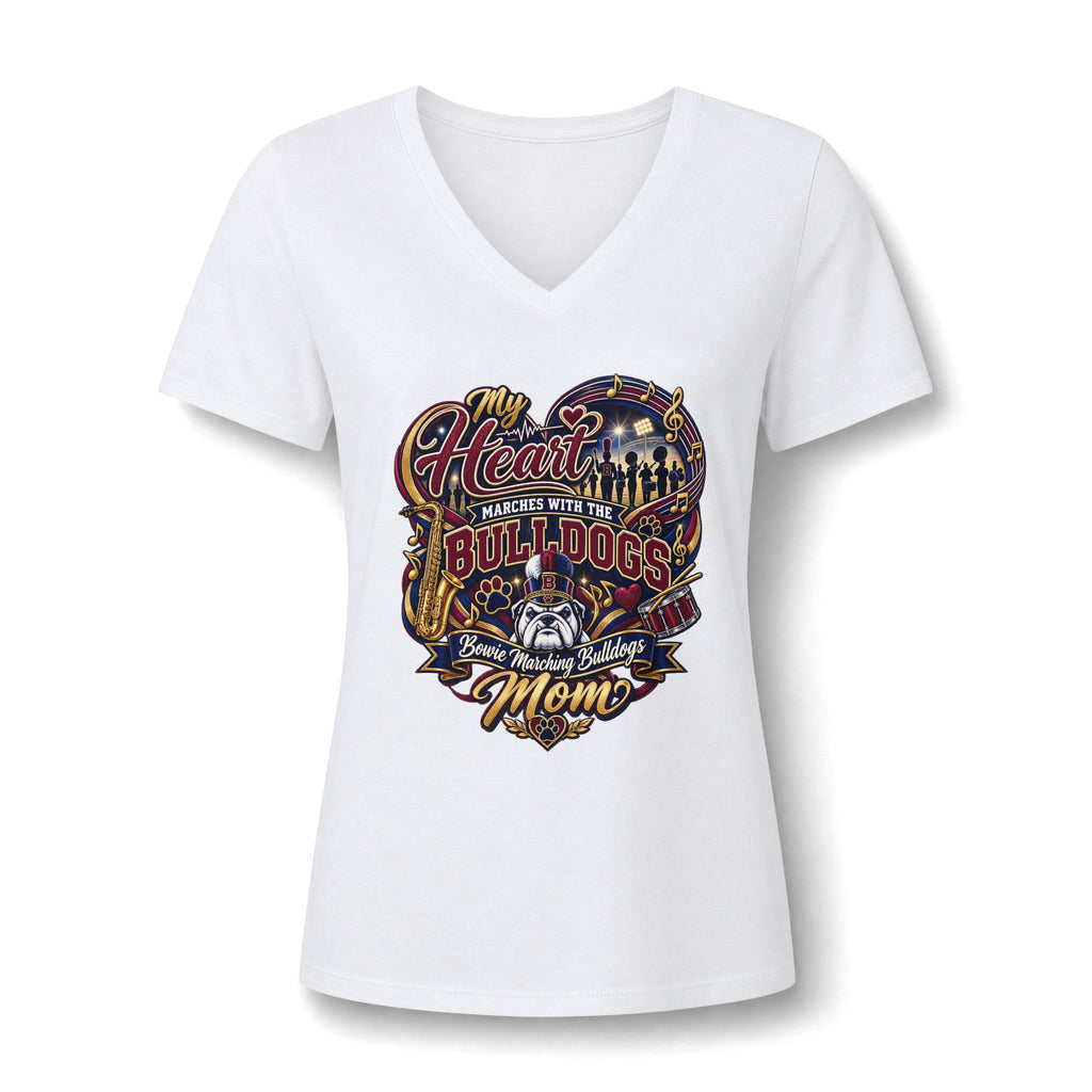 Bulldogs Mom V-Neck Tee - "My Heart Matches With The Bulldogs" Women's Relaxed Shirt