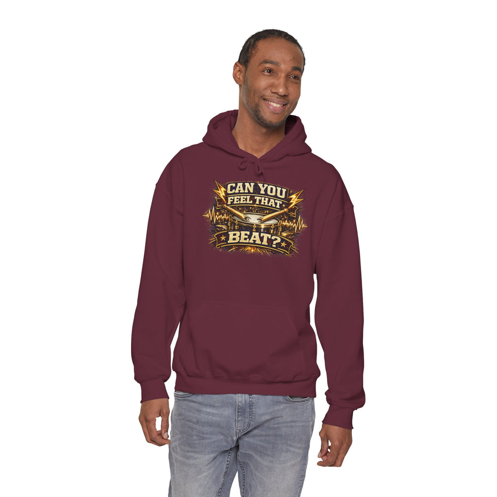 Can You Feel That Beat? Hoodie – Retro Drum & Music Graphic Pullover