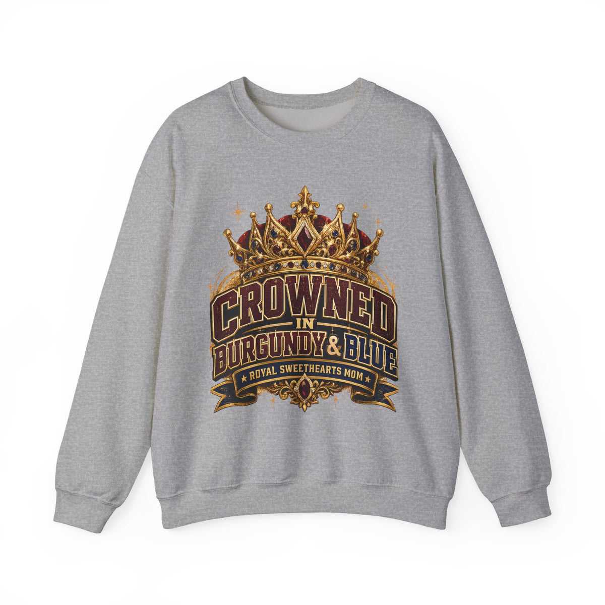 Crowned in Burgundy & Blue Crewneck Sweatshirt — Vintage Royal Crown Graphic