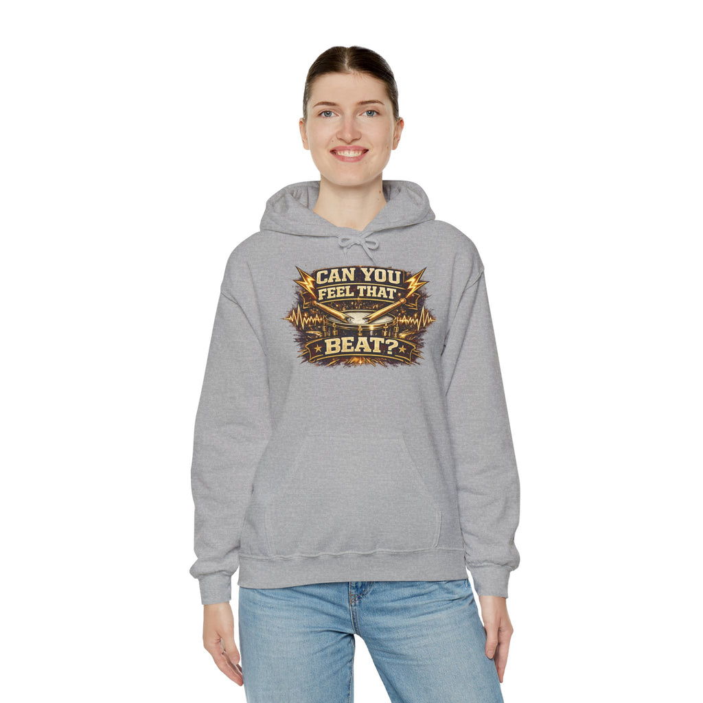 Can You Feel That Beat? Hoodie – Retro Drum & Music Graphic Pullover