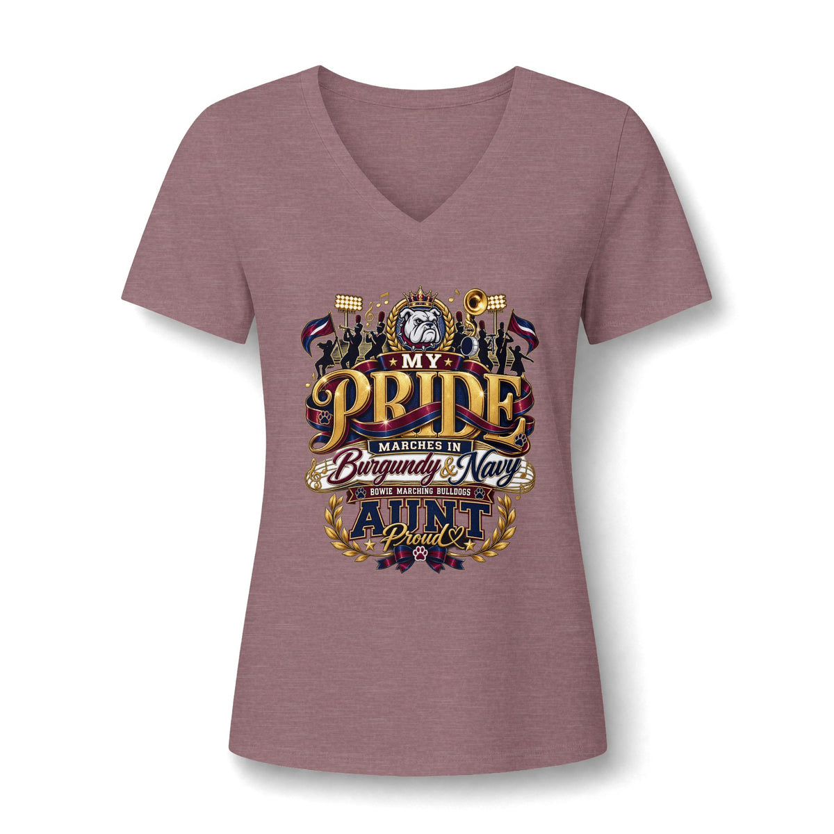 V-Neck Tee — “My Pride Marches in Burgundy & Navy” Aunt Military Family Shirt