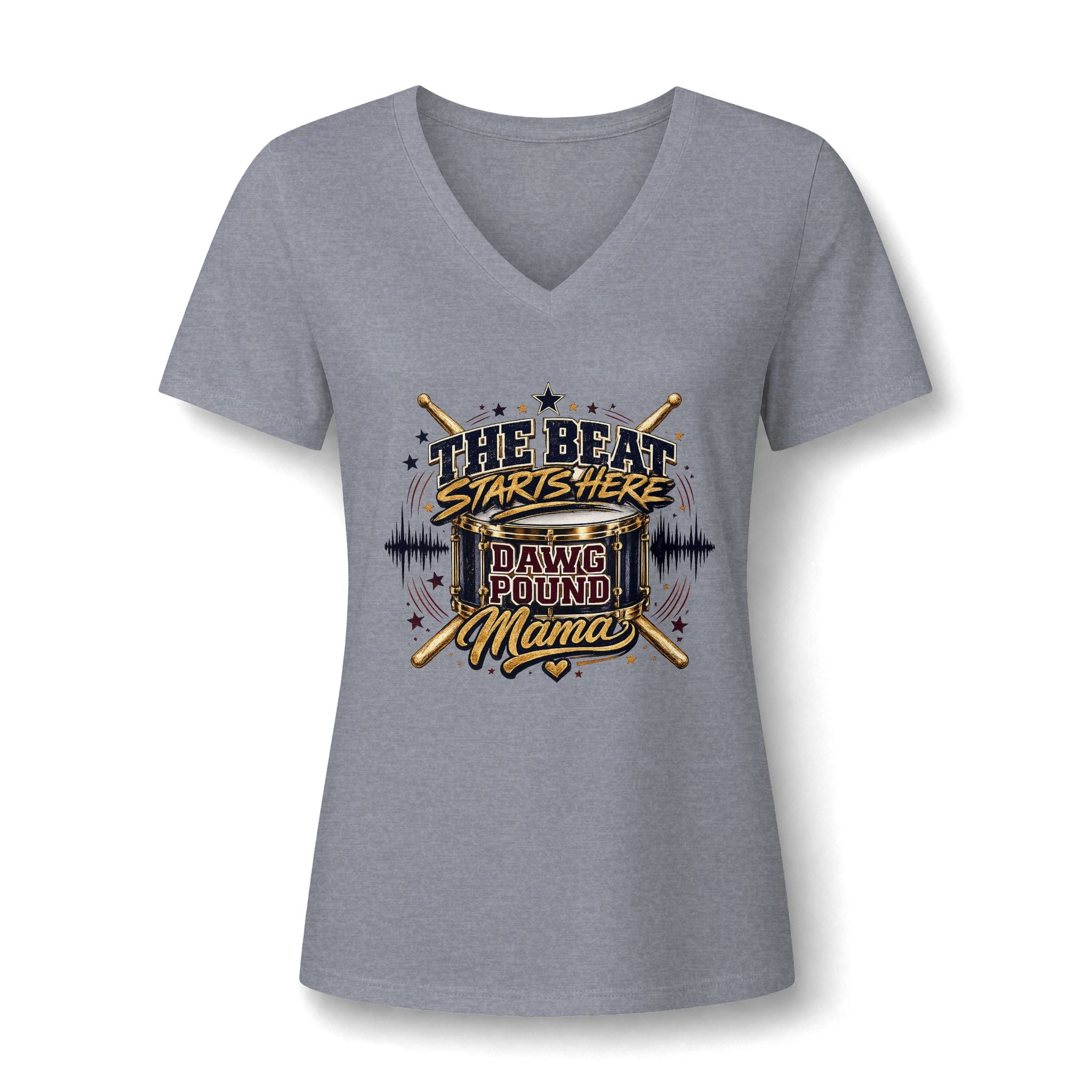 Dawg Pound Mama V-Neck Tee — "The Beat Starts Here" Drumline Mom Shirt