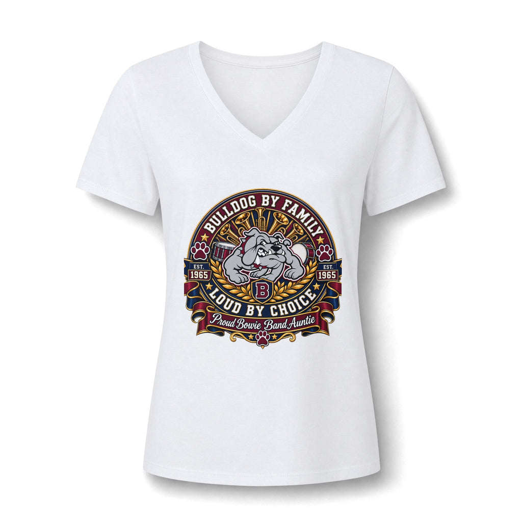 Bulldog Family V-Neck Tee — "Bulldog by Family, Loud by Choice" Graphic Women's T-Shirt