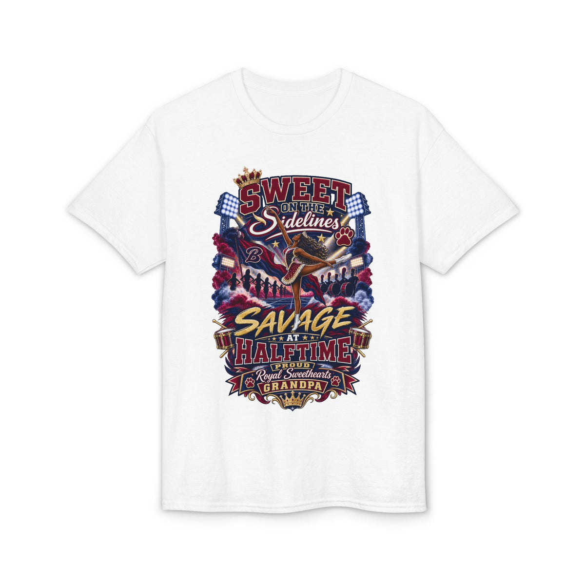 Cheerleading Sidelines T-Shirt — "Sweet Sidelines, Savage at Halftime" Football Crew Tee