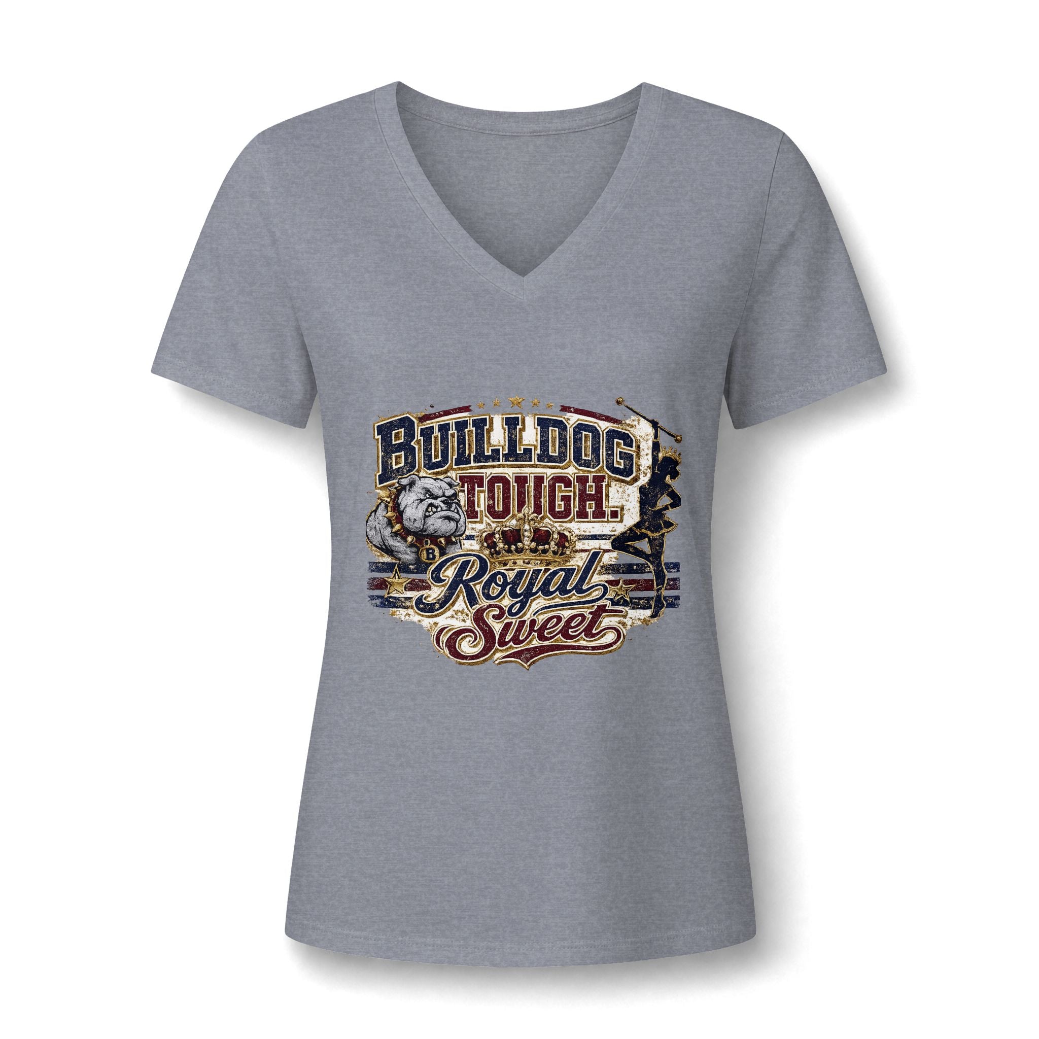 Bulldog Tough V-Neck Tee — 'Bulldog Tough, Royal & Sweet' Women's Graphic T‑Shirt