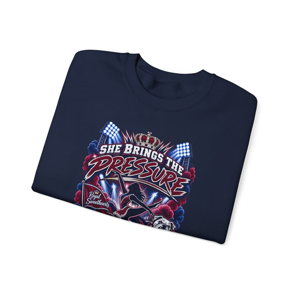 Motorcycle Grandpa Crewneck Sweatshirt — "She Brings the Pressure, I Bring the Pride" Graphic