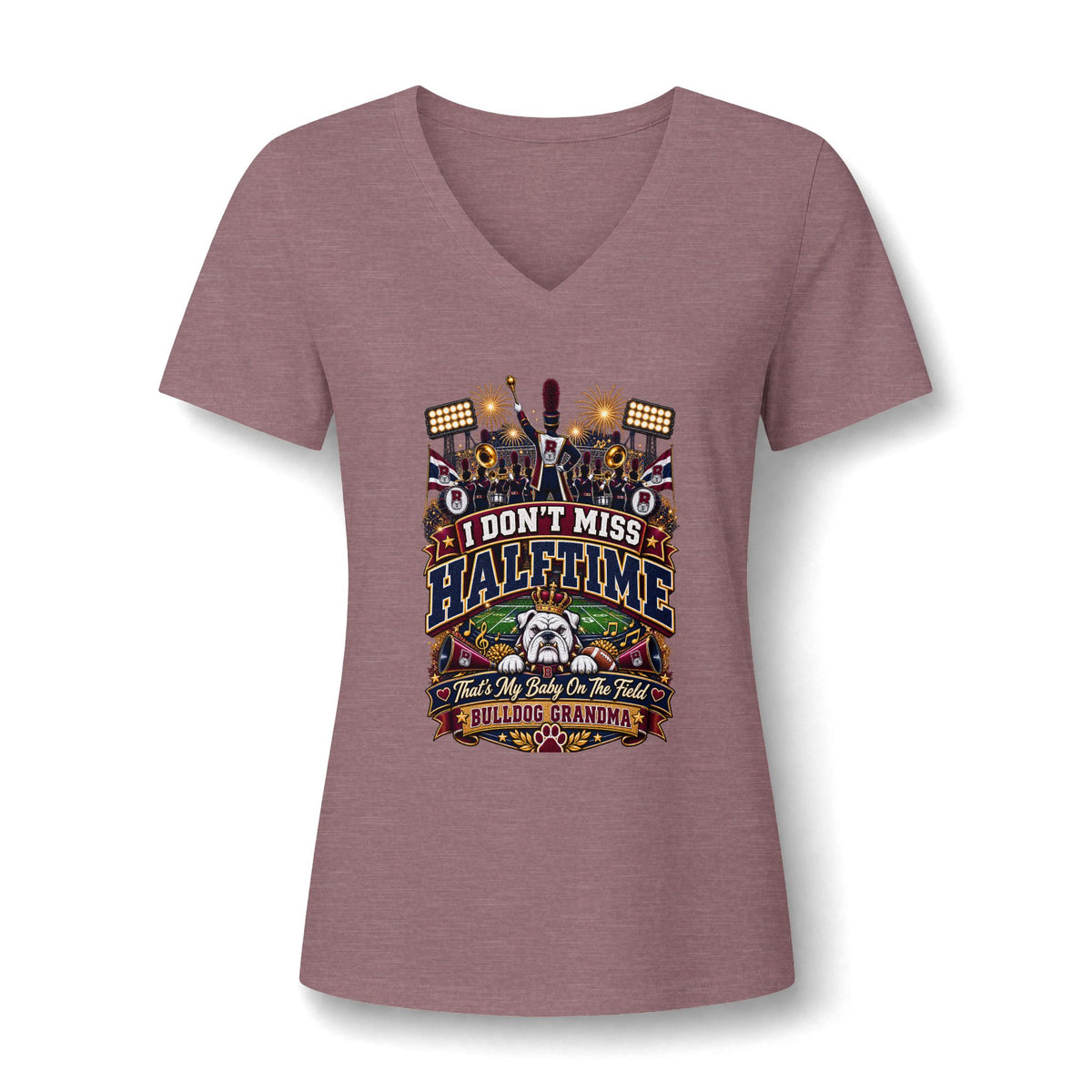 V-Neck Tee – I Don't Miss Halftime (Bulldog Grandma Football Fan Shirt)