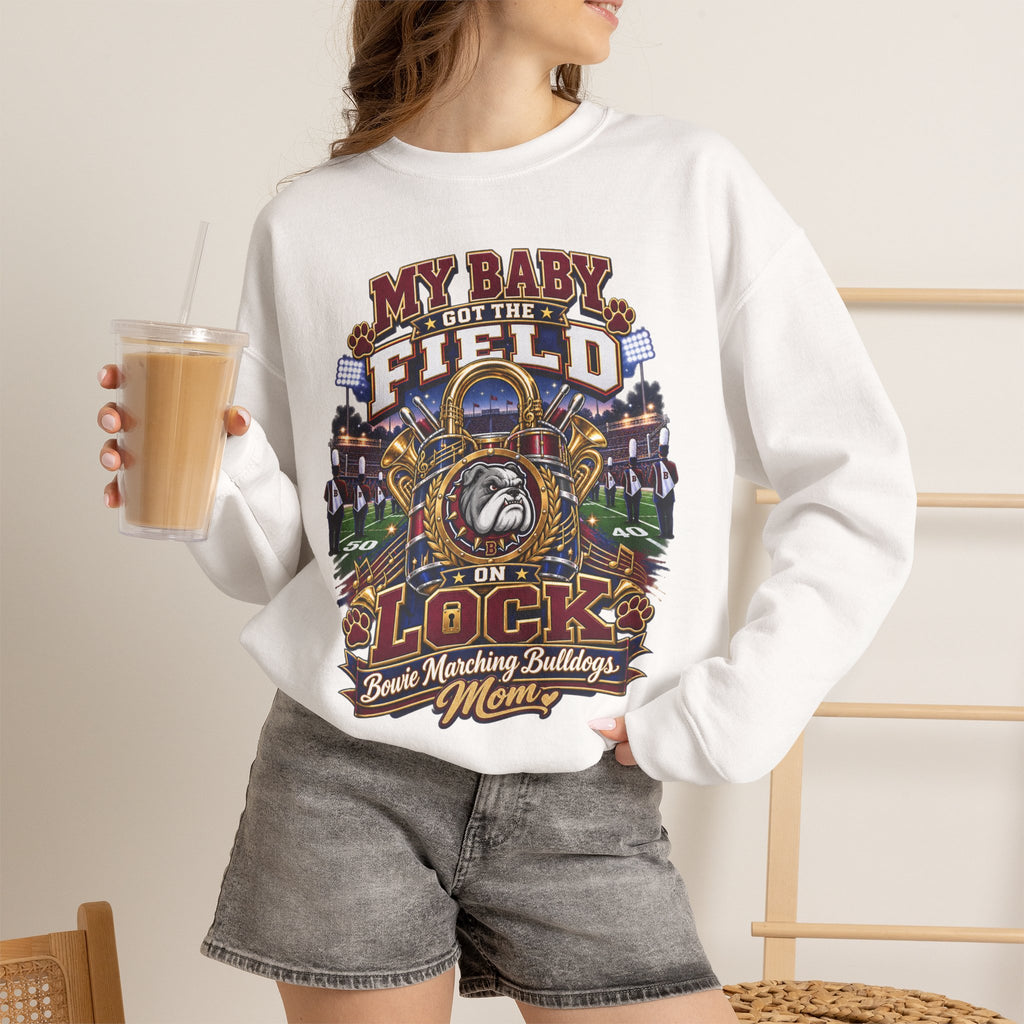 Field Hockey Mom Crewneck Sweatshirt — "My Baby Got the Field on Lock" Graphic