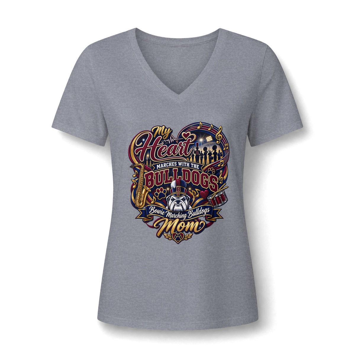Bulldogs Mom V-Neck Tee - "My Heart Matches With The Bulldogs" Women's Relaxed Shirt
