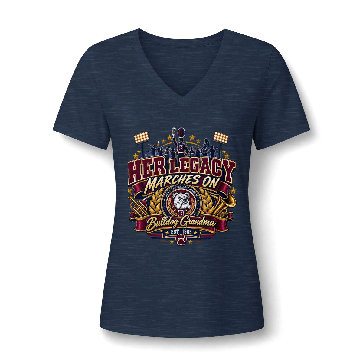 Her Legacy Marches On V-Neck Tee — Bulldog Grandma Spirit Shirt