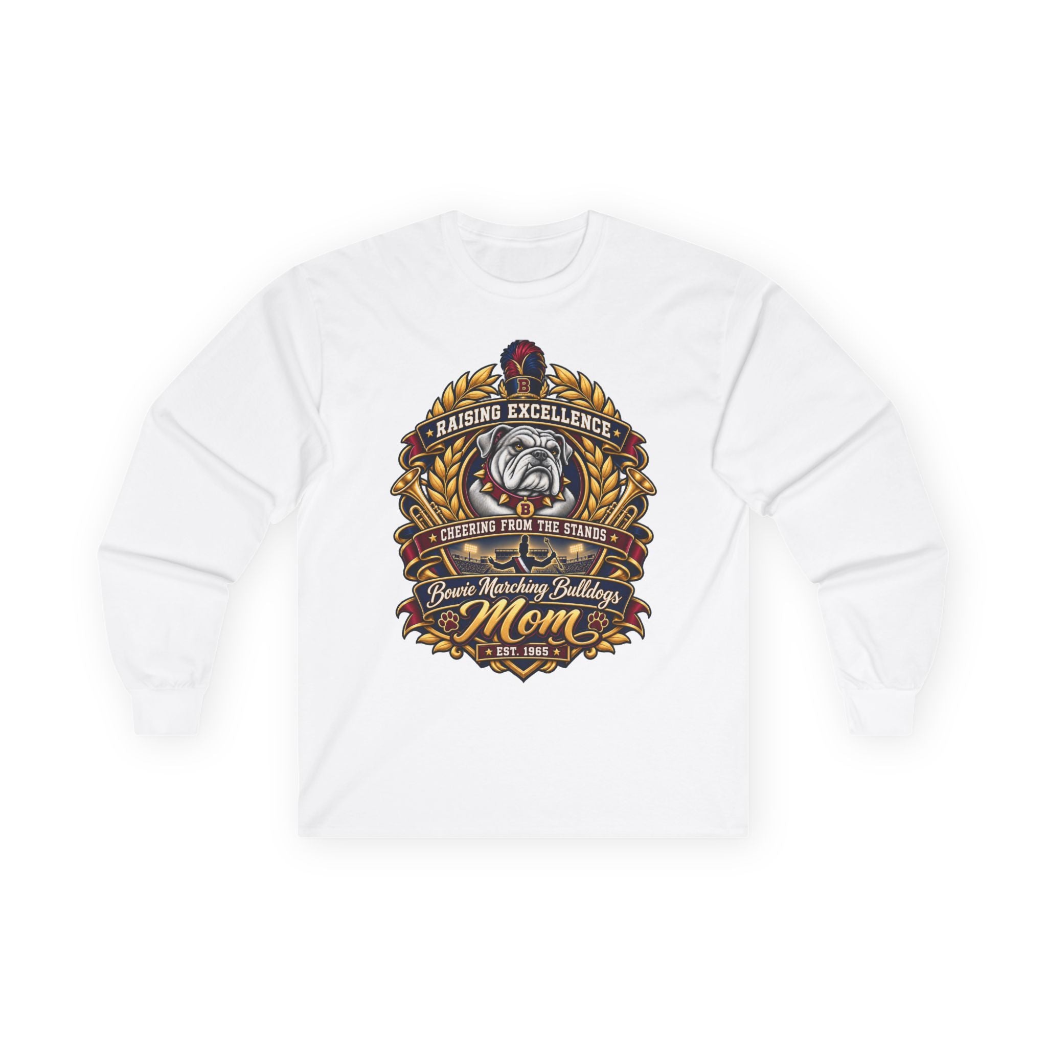Bulldog Racing Mom Long Sleeve Tee — 'Raising Excellence' Vintage Crest