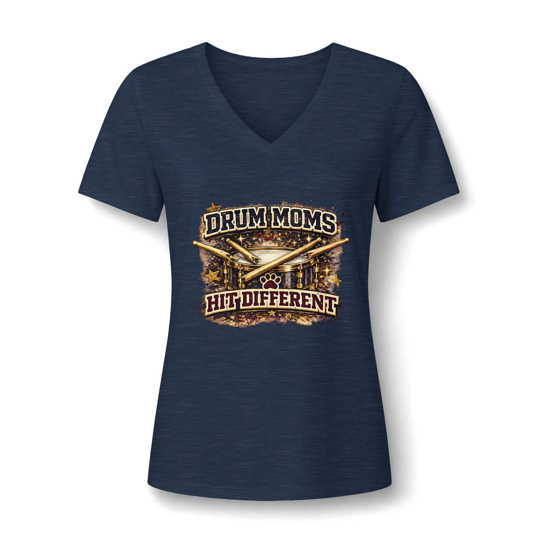Drum Moms V-Neck Tee — "Drum Moms. A Little Different." Women's Drumline Fan Shirt