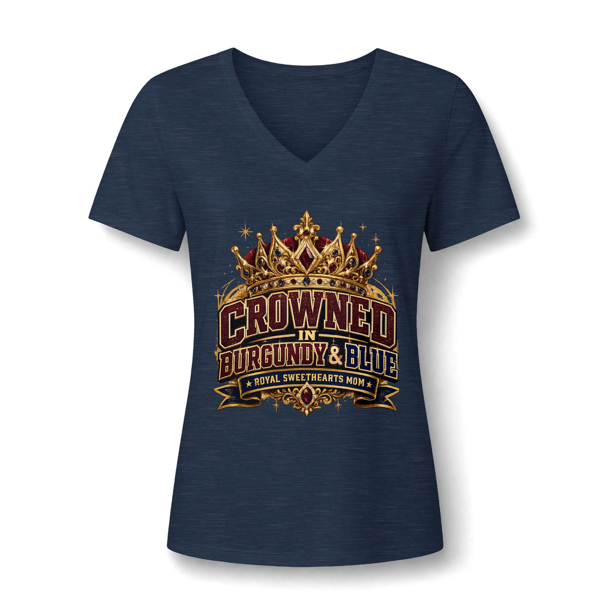 Crowned in Burgundy & Blue V‑Neck Tee — Royal Queen Graphic Shirt