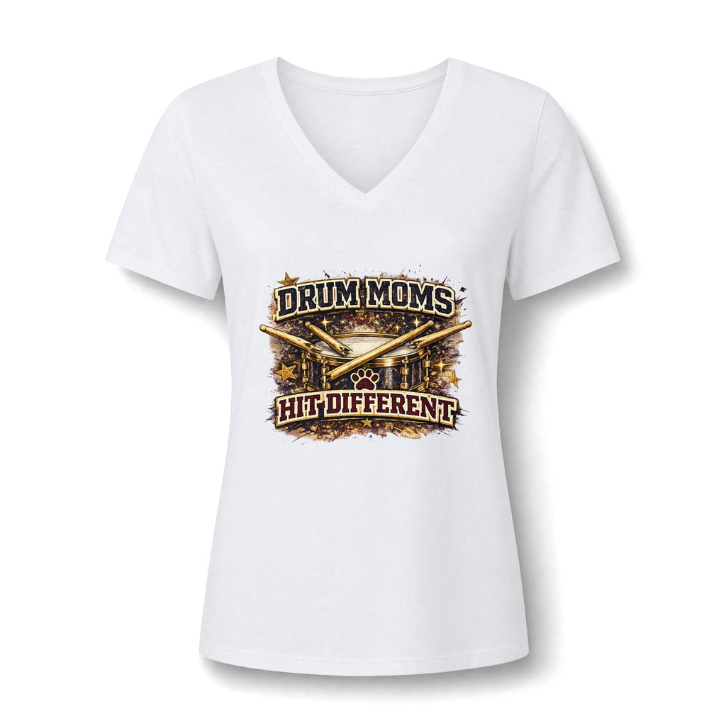 Drum Moms V-Neck Tee — "Drum Moms. A Little Different." Women's Drumline Fan Shirt