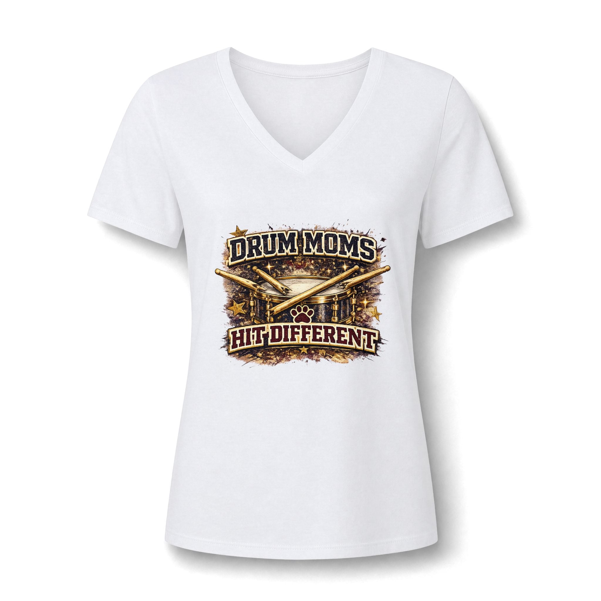 Drum Moms V-Neck Tee — "Drum Moms. A Little Different." Women's Drumline Fan Shirt