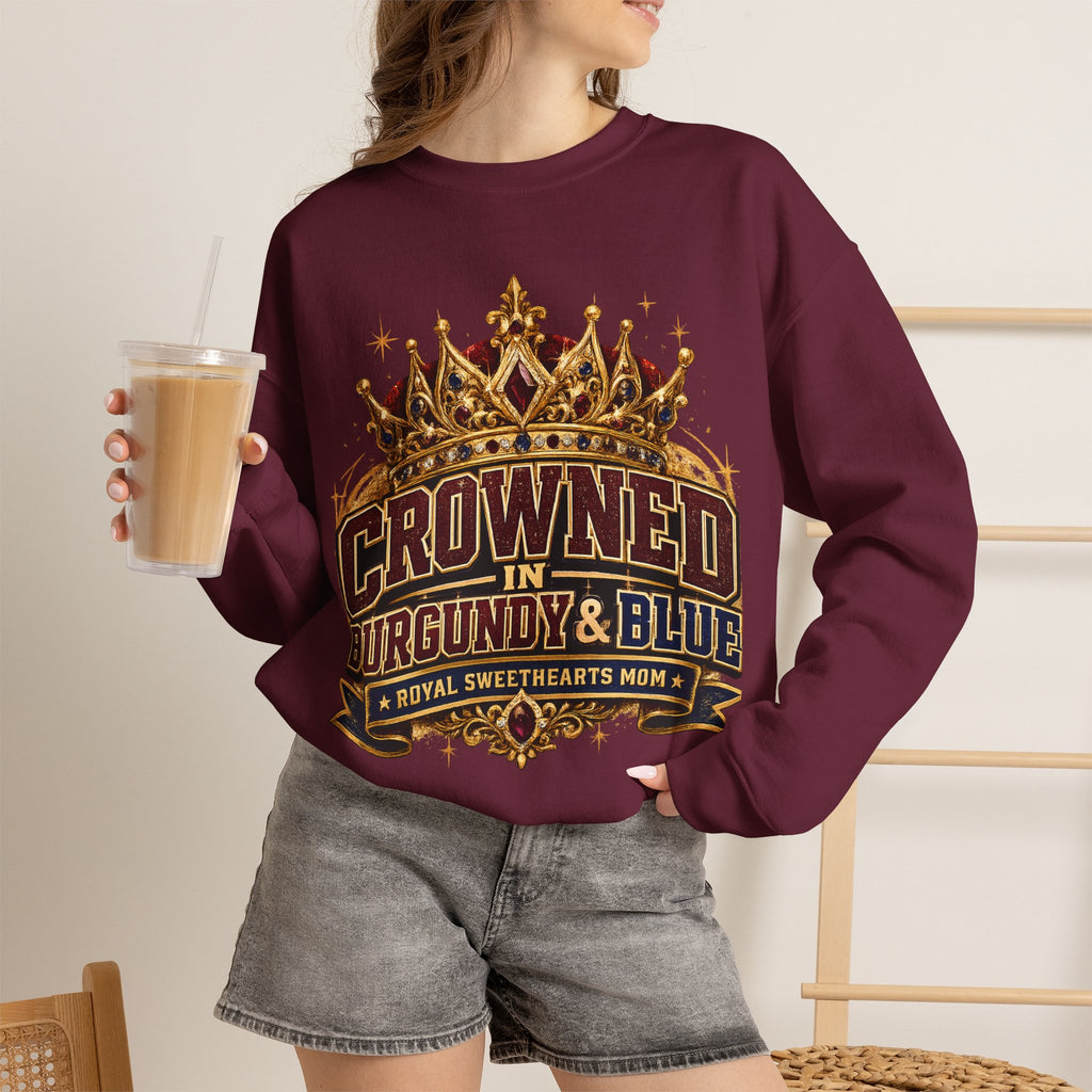 Crowned in Burgundy & Blue Crewneck Sweatshirt — Vintage Royal Crown Graphic