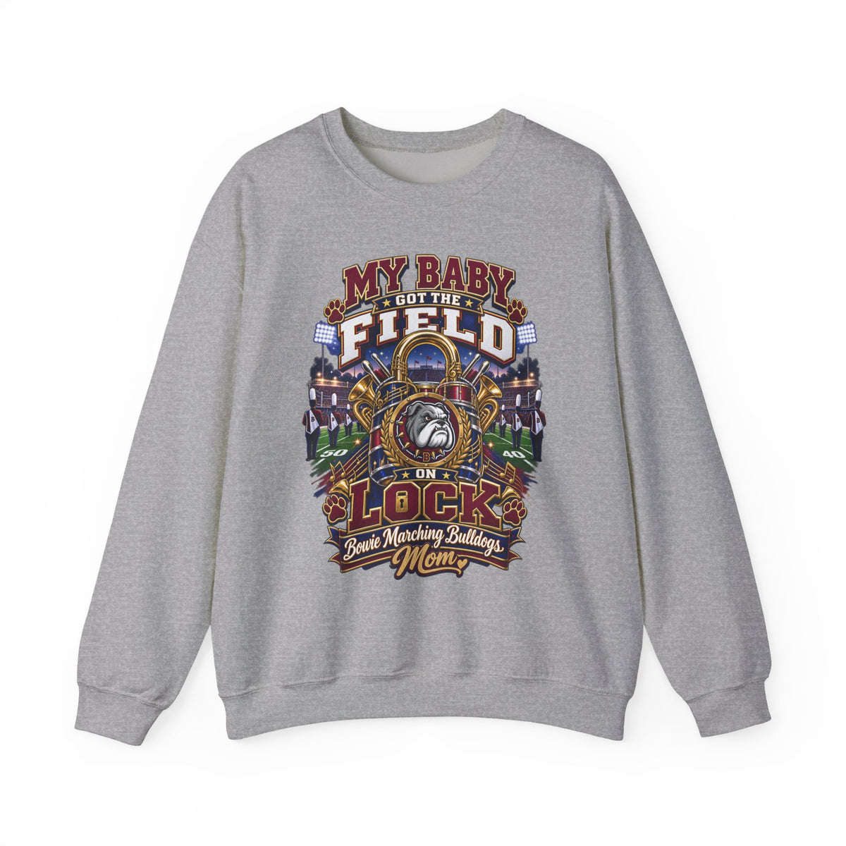 Field Hockey Mom Crewneck Sweatshirt — "My Baby Got the Field on Lock" Graphic