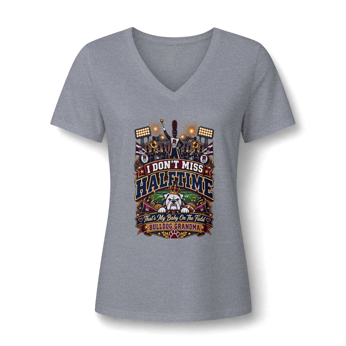 V-Neck Tee – I Don't Miss Halftime (Bulldog Grandma Football Fan Shirt)