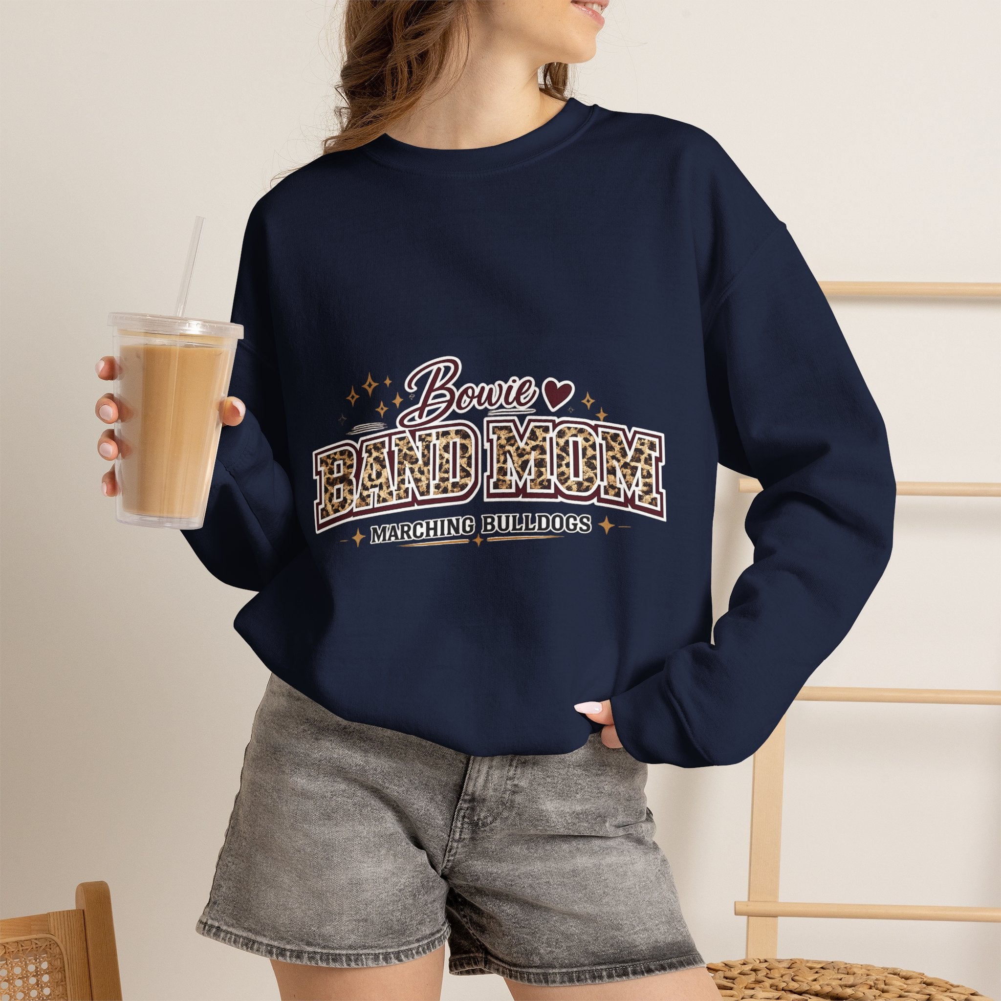 Band Mom Crewneck Sweatshirt — Bowie Marching Bulldogs Leopard Print