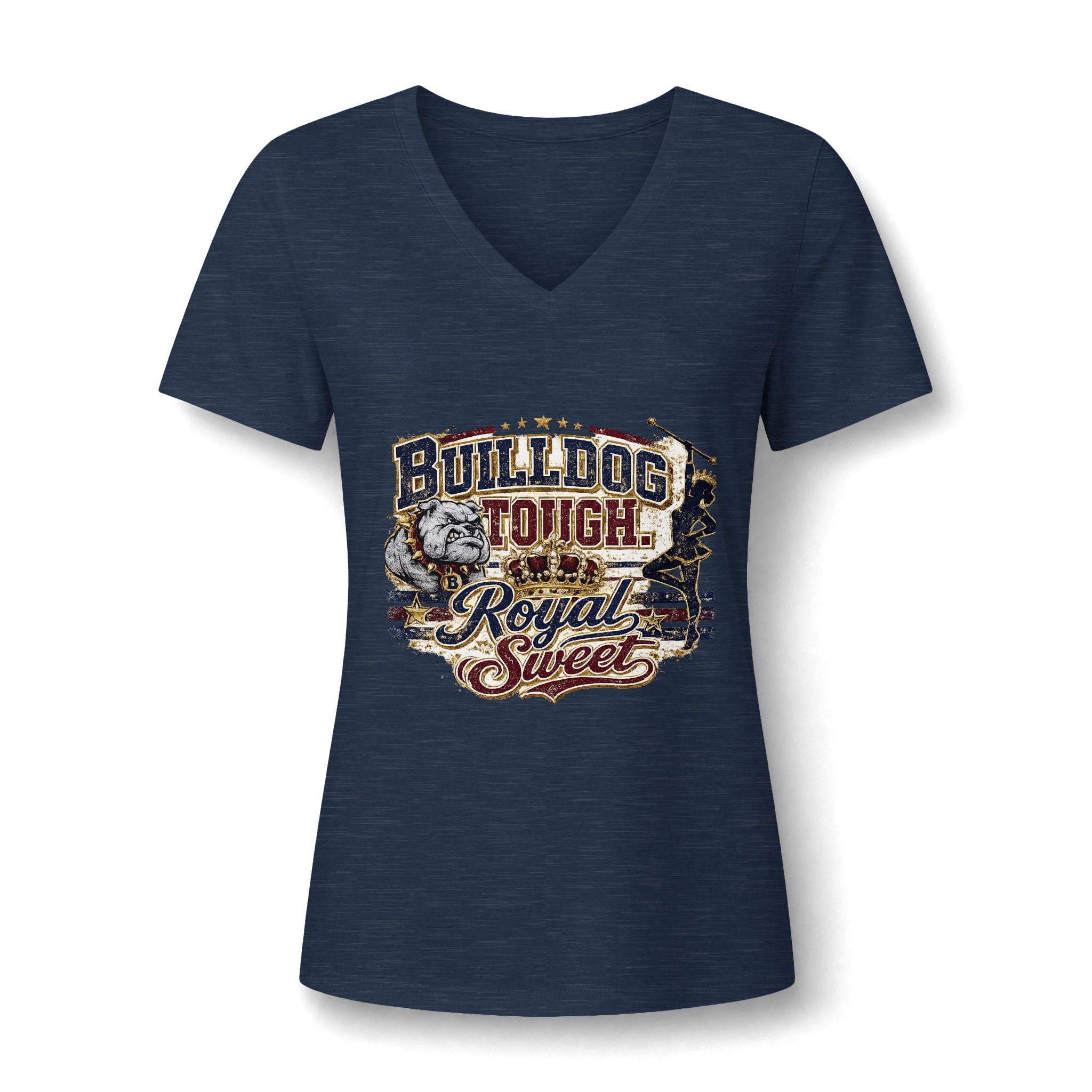 Bulldog Tough V-Neck Tee — 'Bulldog Tough, Royal & Sweet' Women's Graphic T‑Shirt