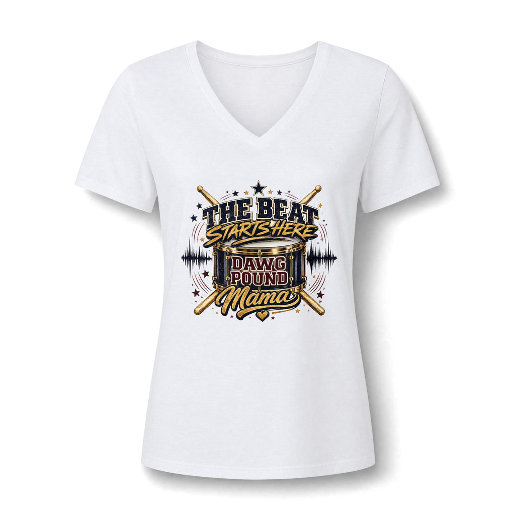Dawg Pound Mama V-Neck Tee — "The Beat Starts Here" Drumline Mom Shirt