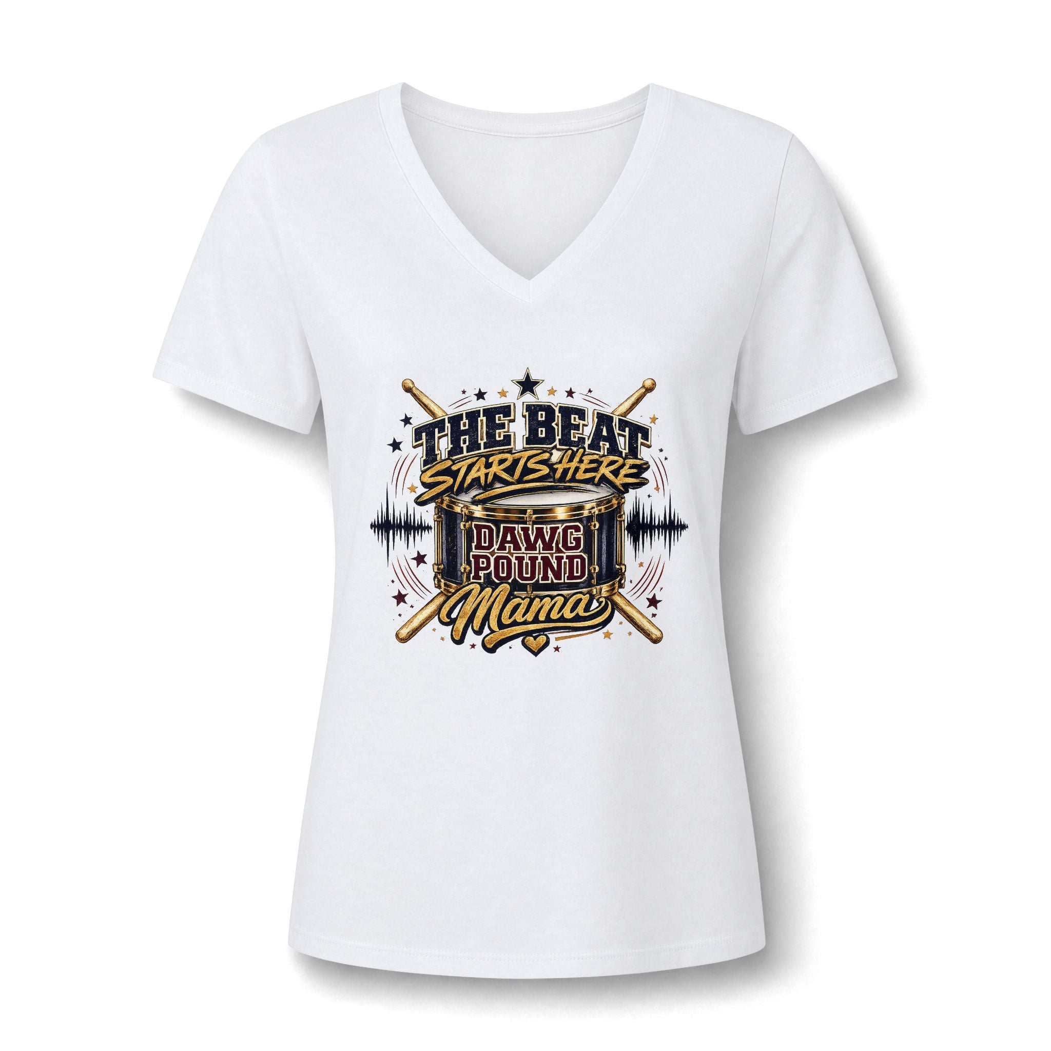 Dawg Pound Mama V-Neck Tee — "The Beat Starts Here" Drumline Mom Shirt