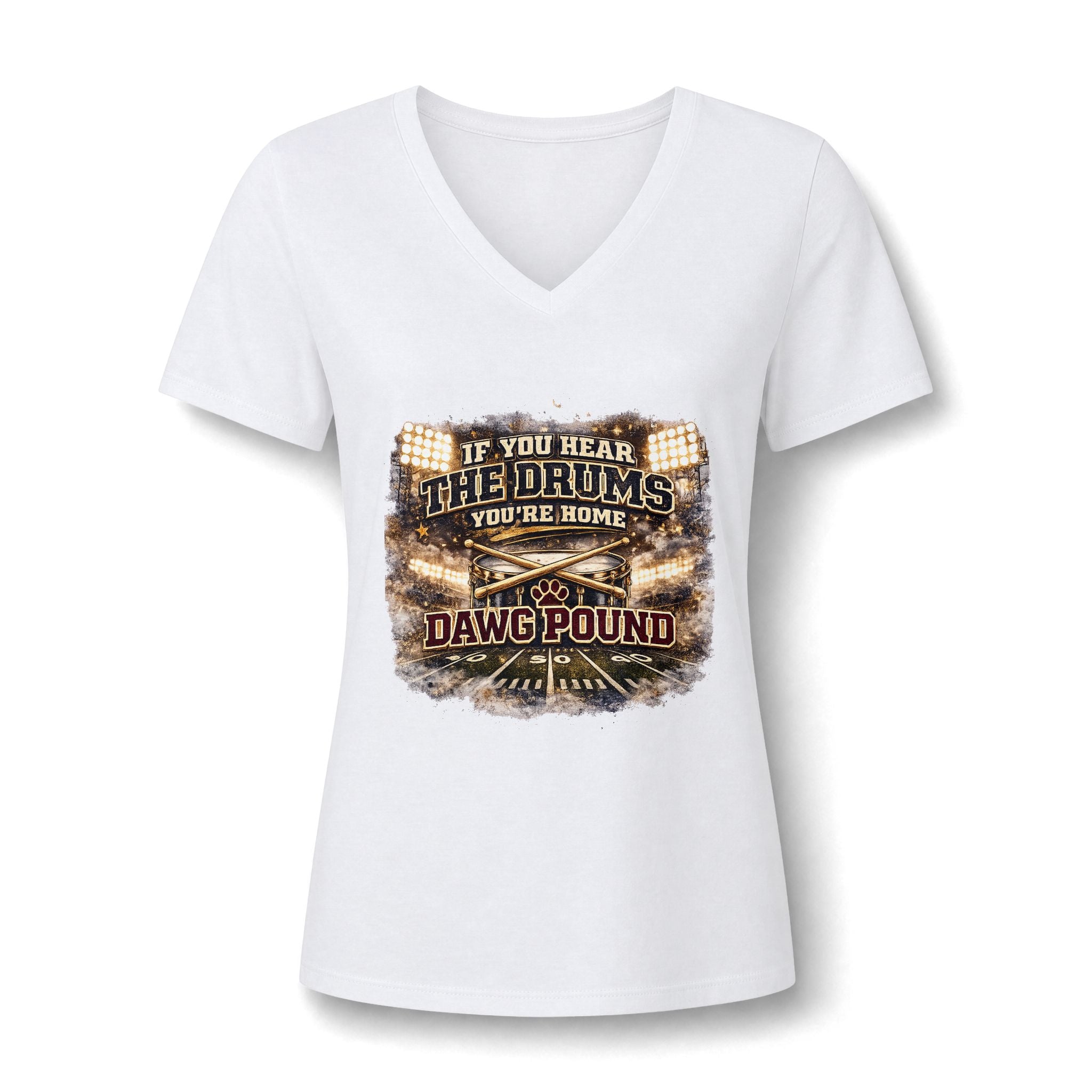 Dawg Pound Football V-Neck Tee — "If You Hear The Drums You're Home"
