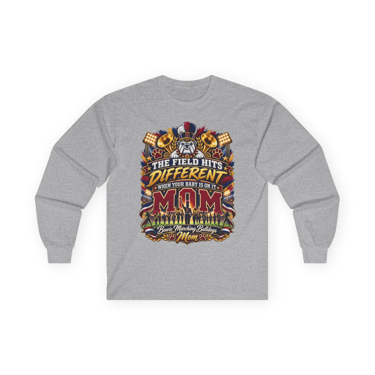 Fishing Mom Long Sleeve Tee – “The Field Hits Different When Your Baby’s On It” Graphic Shirt