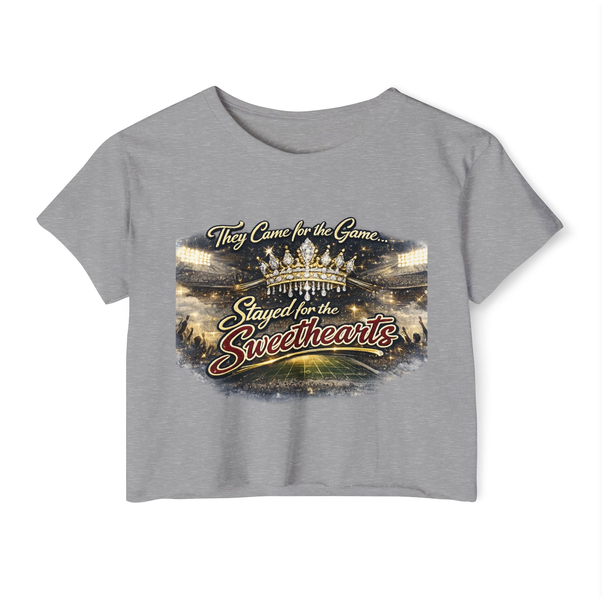 Women's Festival Crop Top — "They Came for the Game, Stayed for the Sweethearts" Crown Graphic