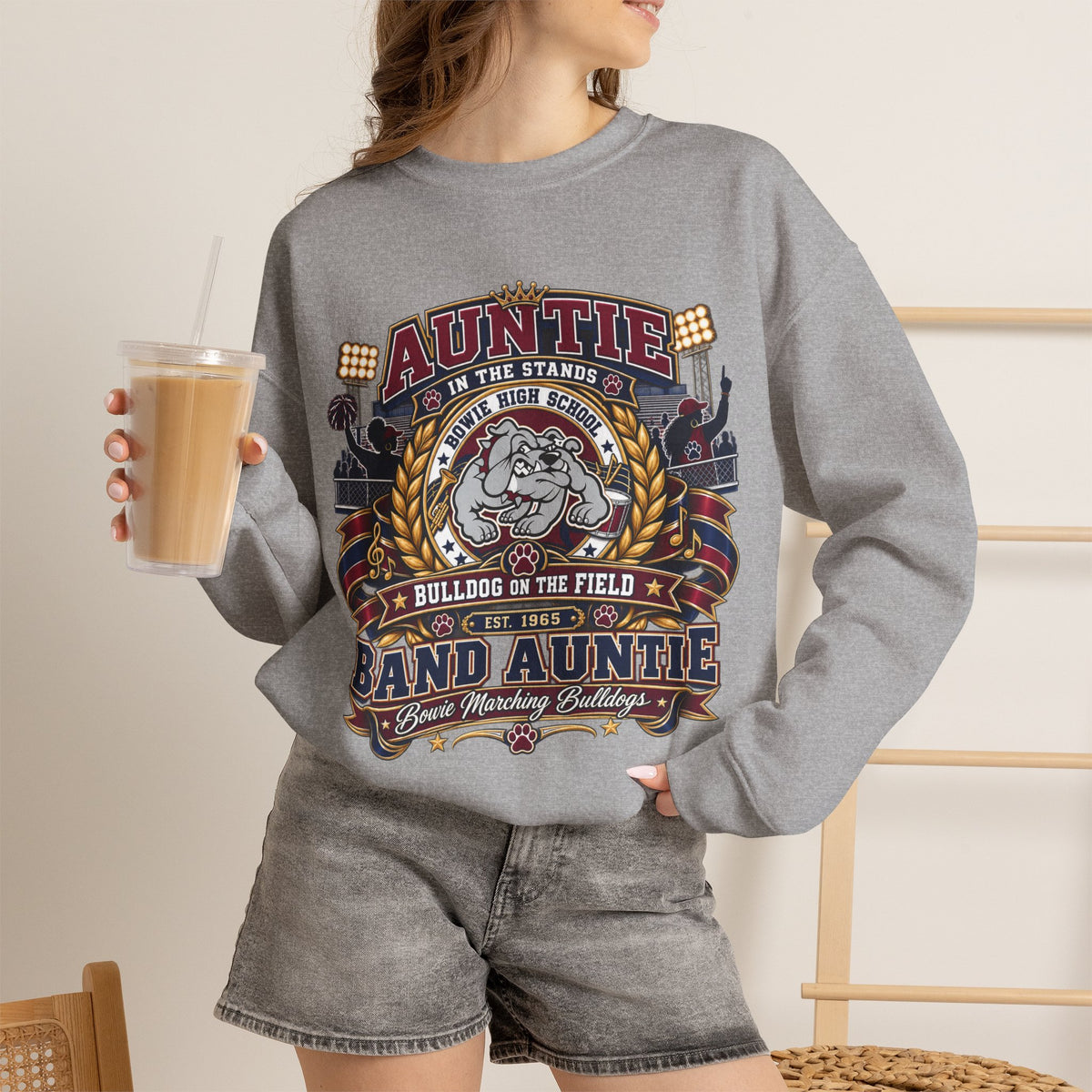 Band Auntie Crewneck Sweatshirt — “Auntie in the Stands, Bulldog in the Field” Football Family Pullover