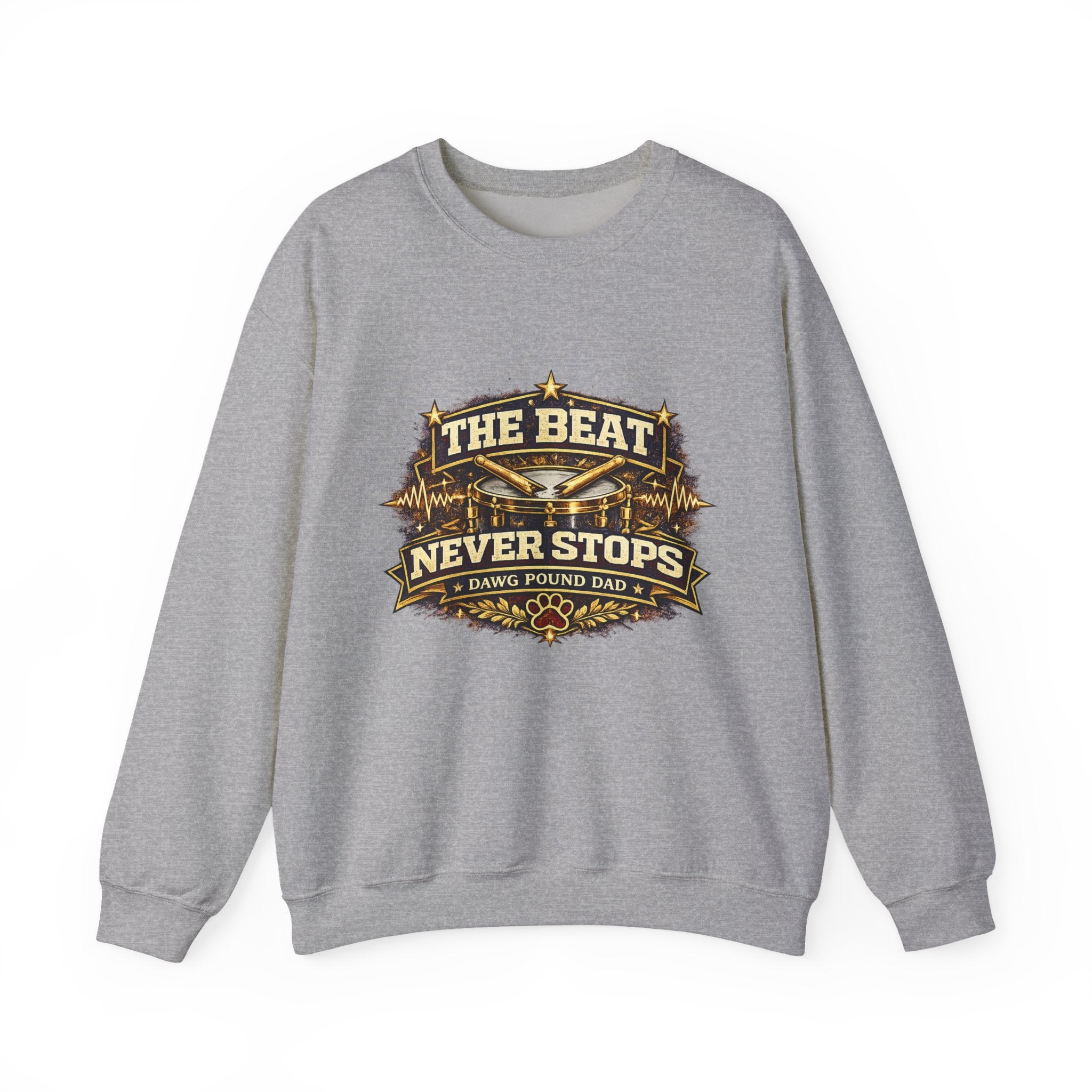 Crewneck Sweatshirt — The Beat Never Stops Retro Music Badge