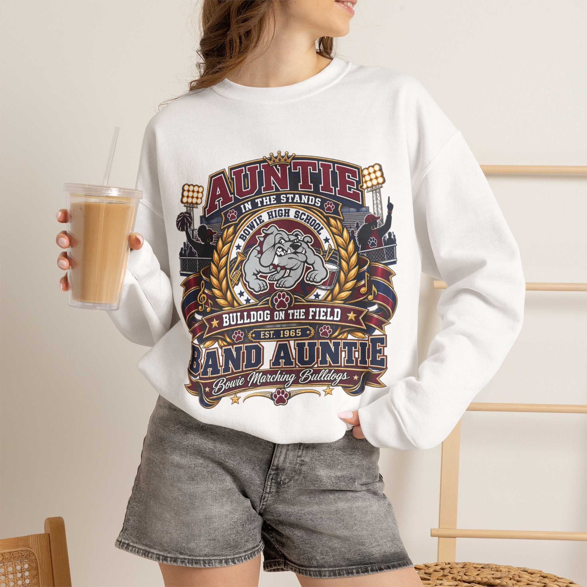 Band Auntie Crewneck Sweatshirt — “Auntie in the Stands, Bulldog in the Field” Football Family Pullover