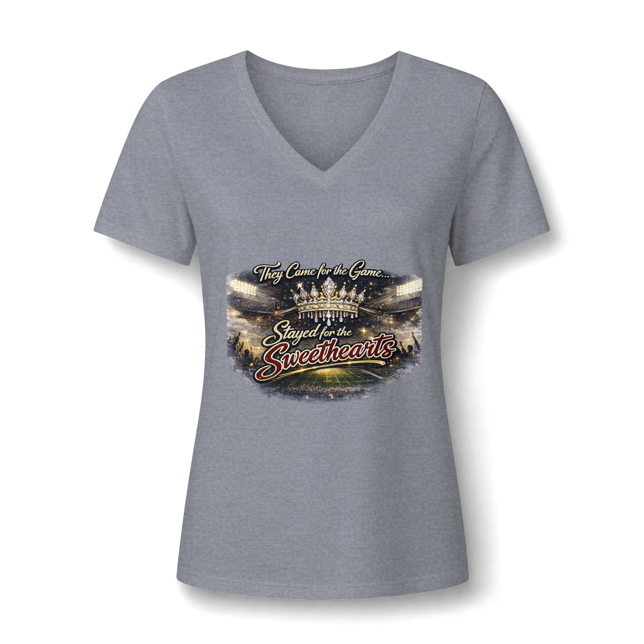 Women's V-Neck Tee — "They Came for the Game, Stayed for the Sweethearts" Football Fan Shirt